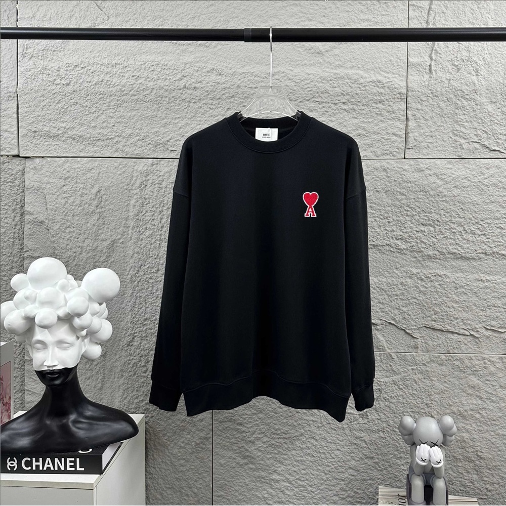 Ami Black Crewneck Sweater with Red Heart Logo